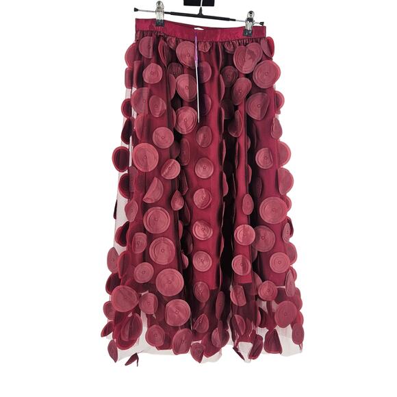 Nikki Lund Kretsa Circle Appliqué Skirt Maroon Polka Dot Midi A-Line NWT Size L - Picture 2 of 7